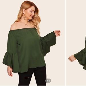 New Shein Shoulder Flounce Sleeve Blouse 4X Green